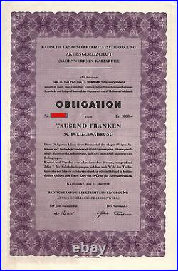 Gold Badenworks 6% Bond, 1,000 Swiss Francs, 1928, uncancelled, with coupons