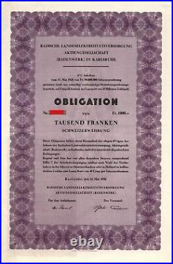 Gold Badenworks 6% Bond, 1,000 Swiss Francs, 1928, uncancelled, with coupons
