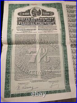 Greece 1924 Greek Government Refugee $ 1000 Dollars Coupons Gold Bond Loan Stock