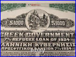 Greece 1924 Greek Government Refugee $ 1000 Dollars Coupons Gold Bond Loan Stock