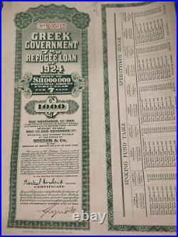 Greece 1924 Greek Government Refugee $ 1000 Dollars Coupons Gold Bond Loan Stock