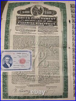 Greece 1924 Greek Government Refugee $ 1000 Dollars Gold Coupons Bond Loan Share