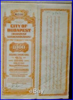Hungary City of Budapest 1000$ 6% Bond 1927 uncancelled + coupon sheet