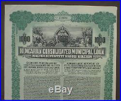 Hungary Municipal 7-1/2% 1000 $ Gold Bond 1925 unc. + coupons pr Waterlow & Sons