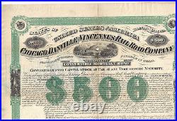 ILLINOIS INDIANA 1873 Chicago Danville & Vincennes Rail Road Bond Certificate