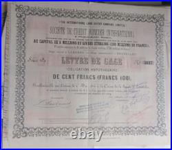 International Land Credit Co Mortgage Bond 100 Francs 1865 Palestine Jewish fund