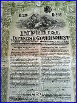 Japanese 1907 Imperial Government 20 Sterling Rothschild Signed RARE UNC Bond