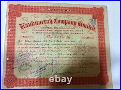 Kanknarrah Co Ltd Pref Stock Scrip Share Certificate Blue Embossed Revenue 1924