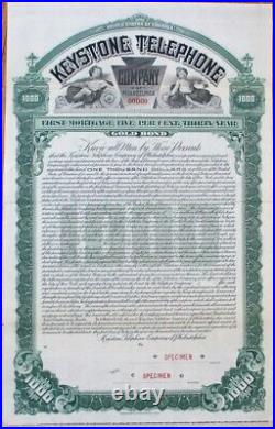 Keystone Telephone Company 1905 SPECIMEN Gold Bond Certificate- Philadelphia, PA