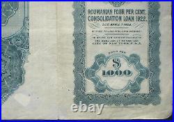 Kingdom of Romania 4% 1000 $ Consolidation Loan Gold Bond 1923 uncanc. Coupons