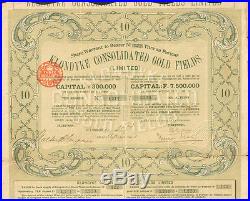 Klondyke Gold Fields 1901 Alaska Klondike gold mines mining share certificate