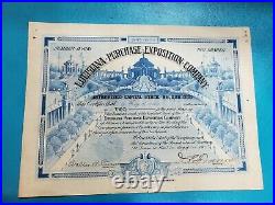 LOUISIANA PURCHASE EXPOSITION CO STOCK CERTIFICATE 1904 World's Fair TWO SHARES