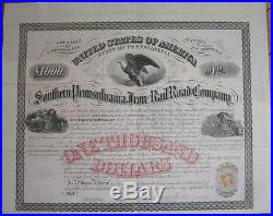 Large 1870 Railroad Bond Certificate Southern Pennsylvania Iron & Rail Road Co