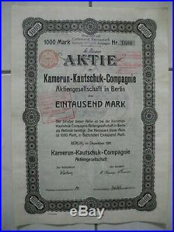 Lot mit 12 Aktien KAMERUN-KAUTSCHUK-Compagnie 1000 Mark / 1911, ungelocht