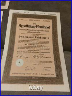 Lot of 9 German WWII War Bond Nazi Hypotheken-Pfandbrief Reichsmark 1945 1946