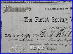 Louisville, KY The Pictet Spring Water Stock Certificate #15 Issued to E. W. W