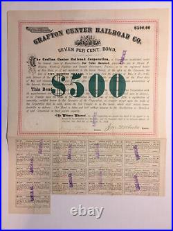 Low # 26 Grafton Center 1875 Bond Stock Certificate Railroad Rr Ry Railway