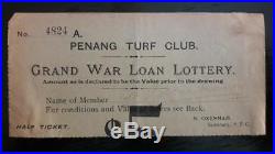 MALAYSIA Penang Turf Club War Loan Lottery 1917 half ticket 5$ prize in 6% bond