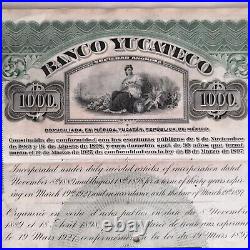 MEXICO Banco Yucateco 10 shares 1000 pesos 1906, hole cancelled, cupons, scarce