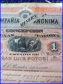 MEXICO CIA MINERA Concepcion en Catorce Acción $1 de 1888 /2375 San Luis Potosi