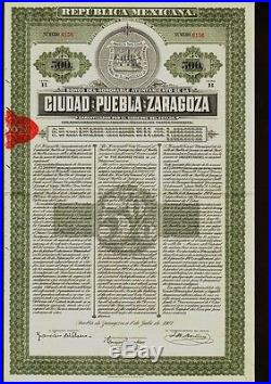 MEXICO City Bond Ciudad de Puebla de Zaragoza $500 1907 uncancelled dividend c