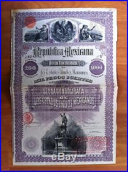 MEXICO Republica Mexicana Christopher Columbus Bond £200 $1000 1885 (SALE)