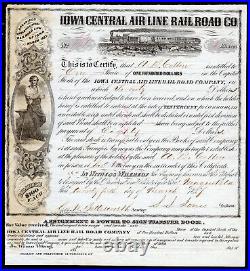 March 1857 Iowa Central Airline Railroad Co Stock Bond Certificate Scarce