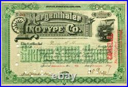 Mergenthaler Linotype Co. 1896 New York stock certificate