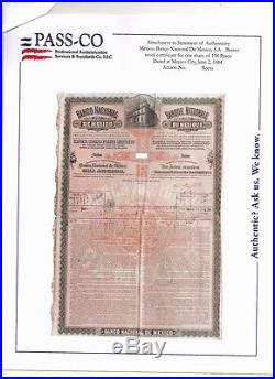 Mexican 1884 UMBRELLA BANAMEX Banco Nacional Mexico $100 Pass-Co Pesos Bond Loan