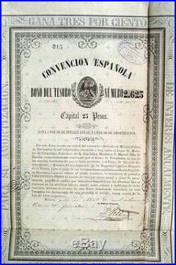 Mexico 1854 Mexican Convencion Española 25 Pesos Coupons NOT CANCELLED Bond Loan