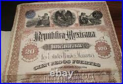 Mexico 1885 Columbus Republica Mexicana Deuda Consolidada 20 Pounds Warrant Bond