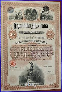 Mexico 1885 Republica Mexicana COLUMBUS 100 Pesos Dollars Bond Loan Share Stock