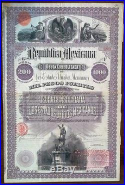 Mexico 1885 Republica Mexicana Deuda Consolidada £ 200 Gold UNC Bond Loan Share