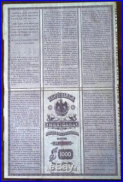 Mexico 1885 Republica Mexicana Deuda Consolidada £ 200 Gold UNC Bond Loan Share