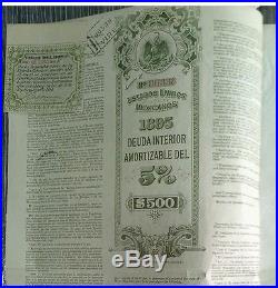 Mexico 1896 Estados Unidos Mexicanos GREEN LADY 500 $ Deuda Interior Bond Loan