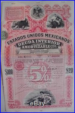 Mexico 1896 PINK LADY Estados Unidos Mexicanos Letra E 100 $ Deuda Bond Loan