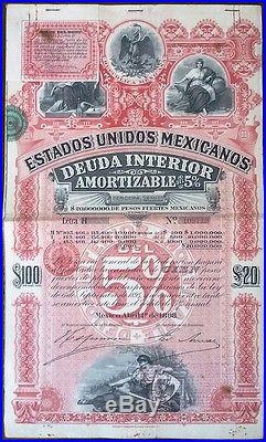 Mexico 1898 PINK LADY Estados Unidos Mexicanos Letra H 100 $ Deuda Bond Loan