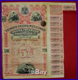 Mexico 1899 PINK LADY Estados Unidos Mexicanos 100 $ 12 COUPONS! + Talon Bond