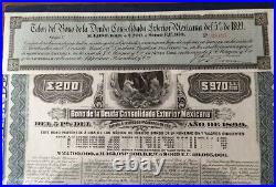 Mexico 1899 Republica Mexicana 200 Pounds Gold Oro 3 COUPONS Bond NOT CANCELLED