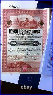 Mexico 1907 Banco Bank Tamaulipas 100 Pesos + Pass-Co NOT CANCELLED Bond Loan