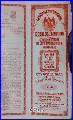 Mexico 1913 Republica Mexicana Bono Tesoro 20 Pounds Gold Warrants UNC Bond Loan