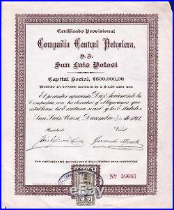 Mexico 1913 San Luis Potosi Compania Central Petrolera Bono Bond Accion Titulo