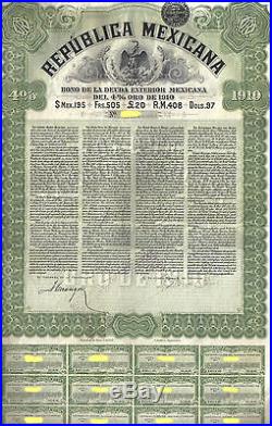 Mexico 4% Bond External Gold Loan 1910 Republica Mexicana £20 coupon Uncancelled