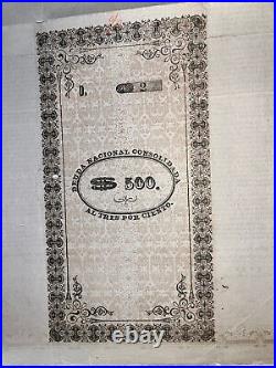 Mexico Bond Deuda Nacional Consolidada 3% 500 Pesos 1851 Signed Guillermo Prieto