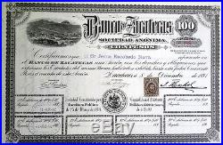 Mexico Mexican 1891 Banco Bank Zacatecas $ 100 Pesos UNC RARE Bond Loan Stock