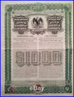Mexico Mexican 1900 State Estado Zaragoza 1000 Pesos Oro Gold RARE UNC Bond Loan