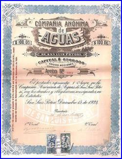 Mexico Mexican 1924 Compania Anonima Aguas San Luis Potosi 100 $ UNC Bond Share