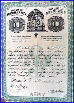 Mexico Mexican 1933 Banco Banque Londres Bank London 10 Pesos UNC Coup Bond Loan