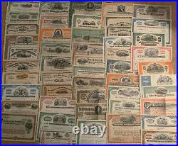 Mixed Lot of 50 Different Railroad Stock Certificates and Bonds, all with Vignette