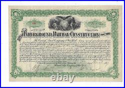 NEW YORK 1887 The Underground Railway Construction Company Stock Certificate ABN